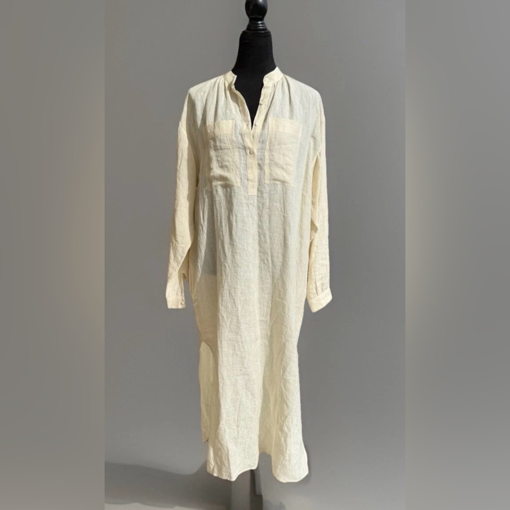 Artisanal Hand Loomed 100 Linen Long Sleeve Luxe Dress with pockets Natural XS/S